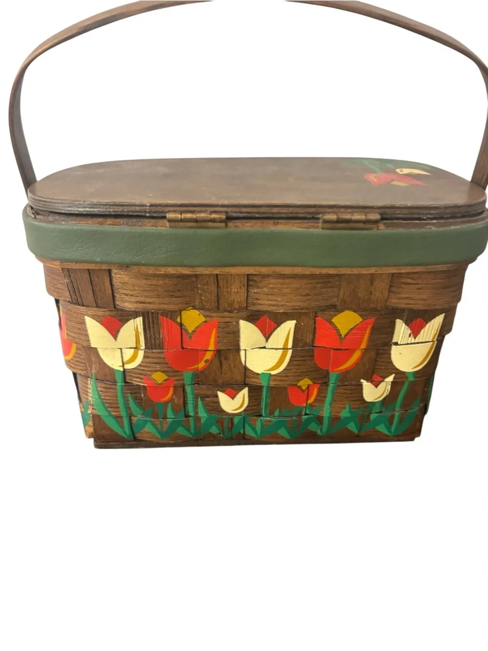Caro Nan Wooden Picnic Basket Purse VTG Lined Hand Painted Signed Tulips